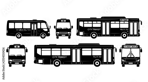 Two buses set with modern city transit vehicles featuring double-decker and single-level design with clean lines and flat colors
