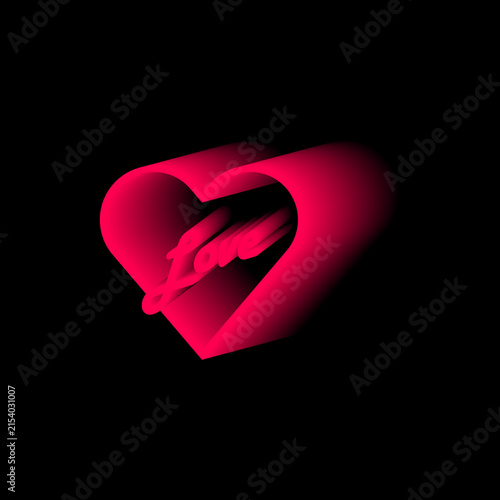Red three dimensional heart shape with the word love against a black background
