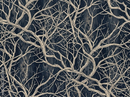Seamless pattern with intricate bare tree branches on a dark rustic wooden background