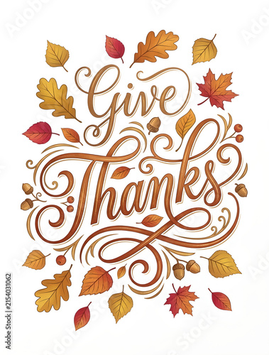 Give thanks hand lettering typography design decorated with colorful autumn leaves for thanksgiving holiday greeting card