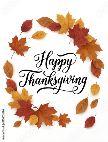 Happy thanksgiving greeting card design with a beautiful wreath of colorful autumn maple leaves on white background