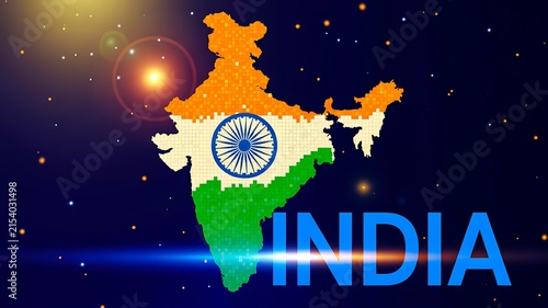 India map with national tricolor flag and india text on a starry background