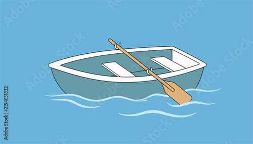 Cartoon illustration of a simple blue rowboat floating on light blue water with a wooden oar resting on the side, flat design style.