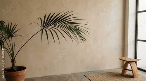 Minimalist interior room with palm plant and wooden stool near