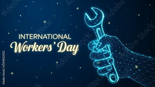 International womens day greeting with glowing female symbol and wrench