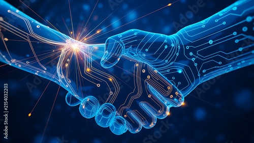 Digital handshake representing artificial intelligence technology and business collaboration