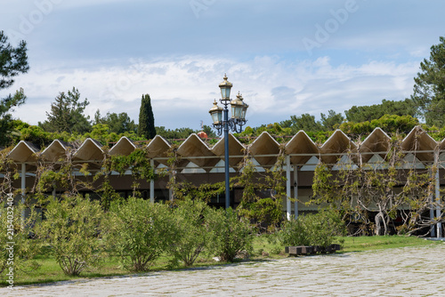 Abandoned building of the Marine Station on a sunny May day. Pitsunda, Republic of Abkhazia