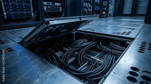 Network cables stored under raised flooring inside a modern server