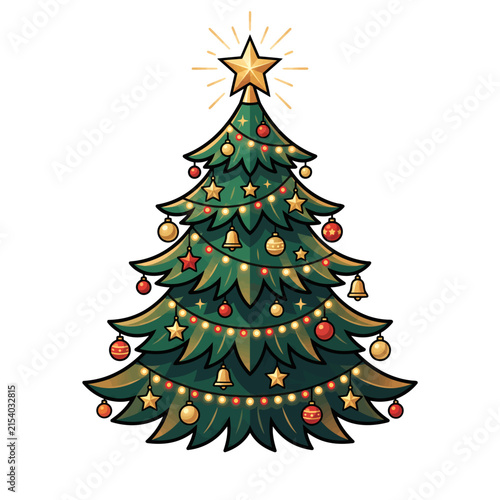Vector Christmas Tree Illustration with Glowing Star and Ornaments