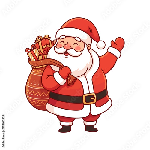 Cute cartoon Santa Claus waving with Christmas gift sack