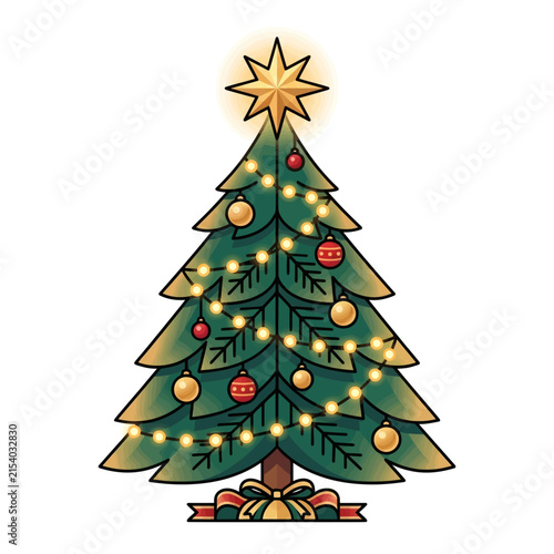 Decorated Christmas tree vector illustration with golden star and ornaments.