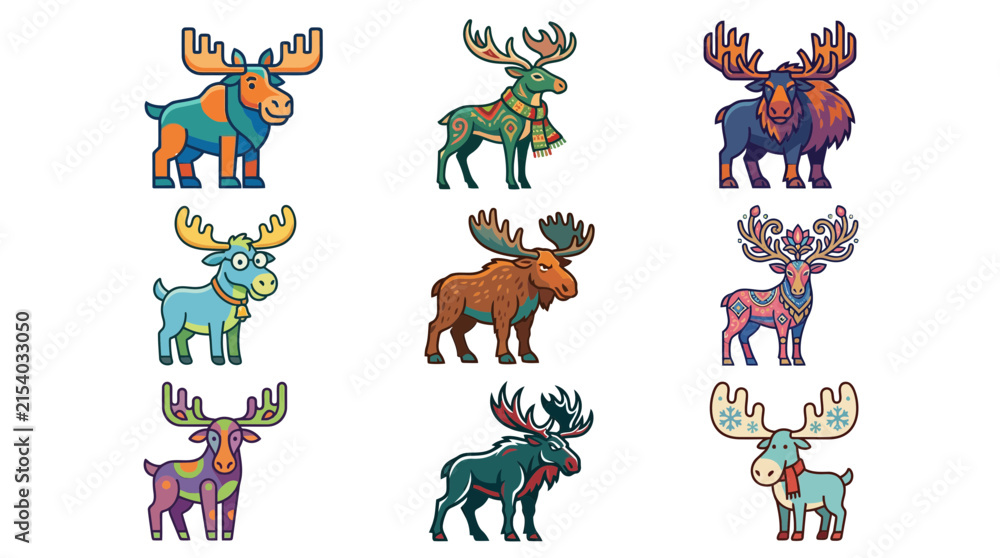 Obraz premium Stylized moose and reindeer cartoon characters with folk patterns.