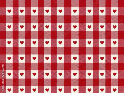 Seamless pattern with red hearts on a red and white gingham checkered background