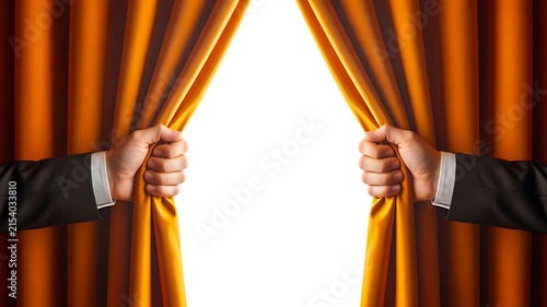 Theater curtains opening to reveal a bright blank stage background