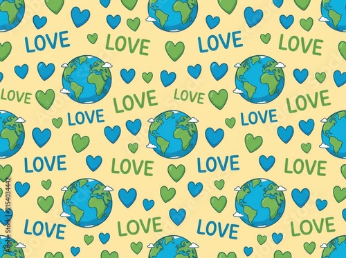 Seamless pattern with earth globes, hearts and the word love