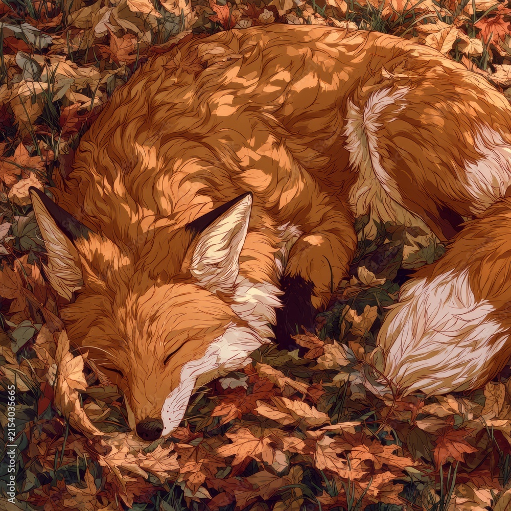 Naklejka premium A fox lies comfortably in a pile of orange and brown leaves in a dense forest. Bright colors of fall surround the fox.