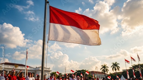 Indonesian flag waving on flagpole against blue sky with sunny clouds, crowd celebrating Indonesia Independence Day (Hari Kemerdekaan) on 17 August,patriotism, national symbol,and celebration concept.