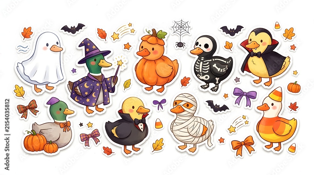 Fototapeta premium Cute halloween duck sticker set with ghost, witch, pumpkin, skeleton, vampire, and mummy costumes