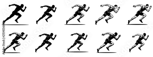 Running sprinter male athlete silhouettes sprinting motion.
