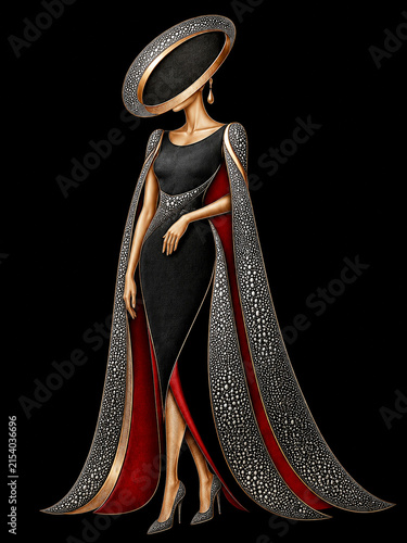 Elegant Art Deco Woman in Ornate Black and Gold Couture Gown with Dramatic Flowing Cape