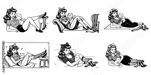 Pinup girl with cat retro comic style black white artwork.