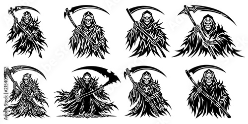 Set of eight grim reaper silhouettes isolated on white background.