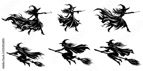 Witches with broomsticks and magic wands on white background.