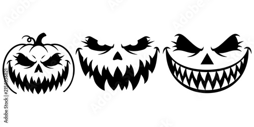 Halloween pumpkin faces with scary expressions on white background.