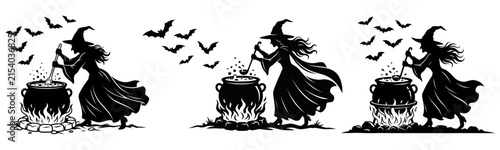Witches brewing potions over cauldrons with bats on white background.