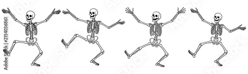 Dancing skeletons with outstretched arms on white background.