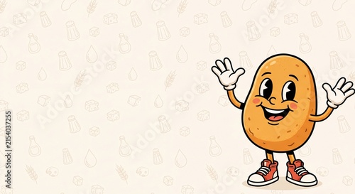 Happy potato mascot character waving hands standing beside seamless food ingredient doodle pattern on clean cream background with wide copy space for text