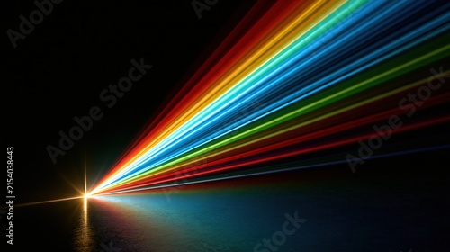 Crystal prism rainbow refraction light beam background template for abstract technology advertising wide banner with dark copy space