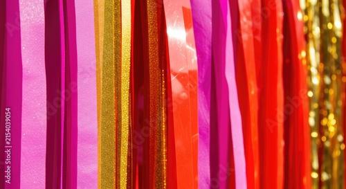 Vibrant ribbons of pink, red, and gold shimmer and sway, creating a festive and celebratory atmosphere.
