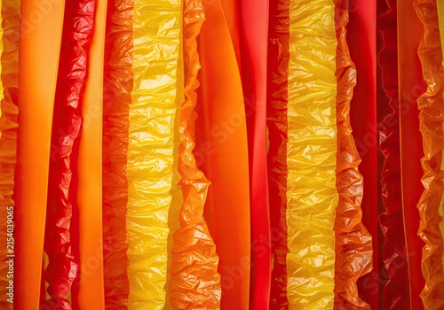 Vibrant Abstract Background of Hanging Orange, Yellow, and Red Textured and Smooth Fabrics