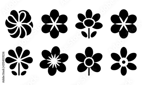 Floral Logo Design with Four Black and White Flower Icons Arranged in a Row Featuring Icon, Vector, Graphic with Symbol