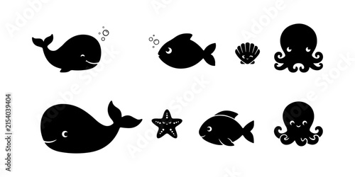Marine Life Silhouette Icon Set - Whale, Octopus, and Fish Vector Clipart.
