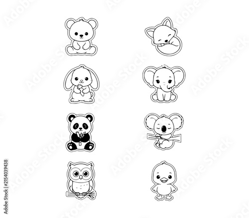 Cute Baby Animal Line Art Icon Set - Coloring Book Style Vector Illustrations.