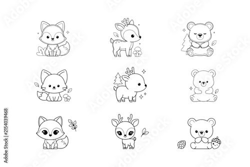 Woodland Forest Animal Line Art Collection - Fox, Deer, and Bear Outlines Vector.