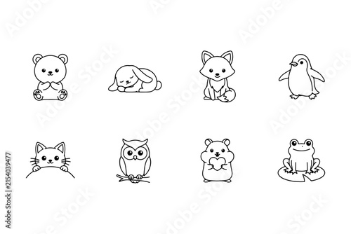 Cute Baby Animal Line Art Icon Set - Kawaii Coloring Book Outlines Vector.