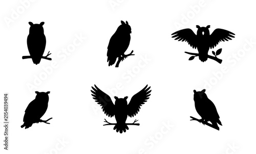 Owl Silhouette Collection - Wise Bird Icons in Various Poses Vector.