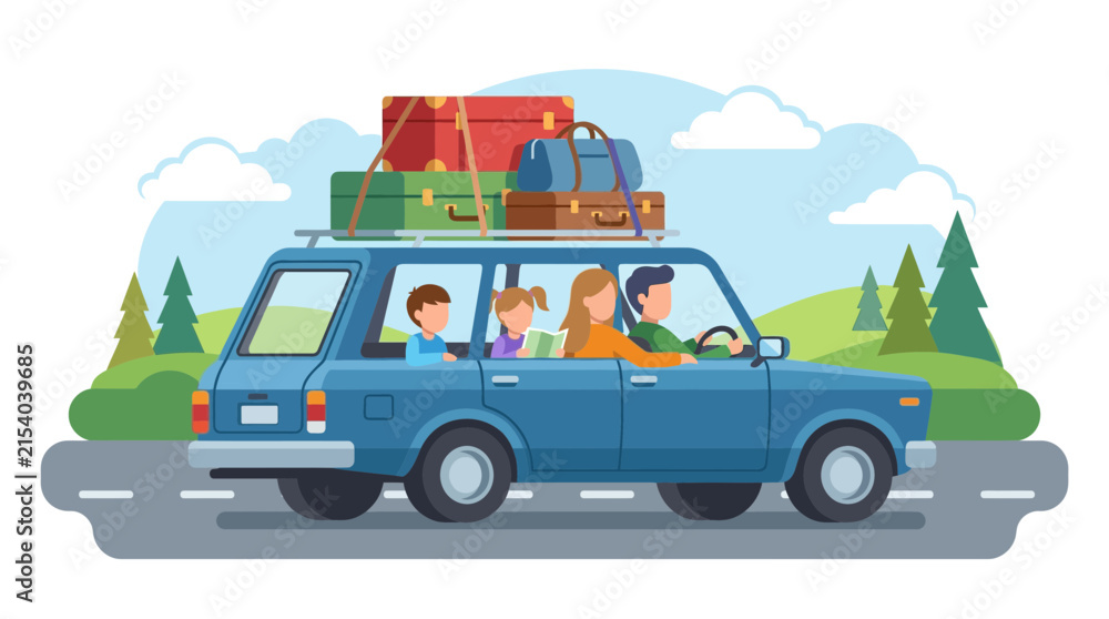 Fototapeta premium Family Road Trip in a Car with Luggage