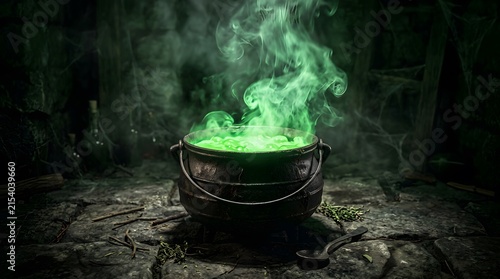 A bubbling cauldron emits eerie green smoke creating a spooky and magical halloween atmosphere