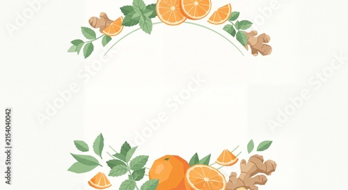 Fresh orange slices ginger roots and mint leaves arranged in top and bottom circular wreath arch frame on off white background with center copy space for text