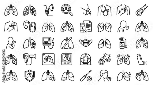 Collection of medical icons representing lungs and respiratory health with various medical equipment and conditions