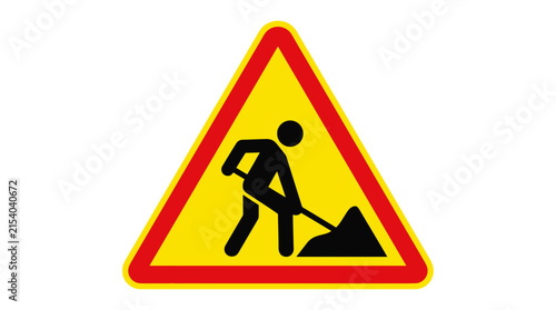 Yellow triangular road sign illustration featuring a black silhouette worker using a shovel to move piles of construction site dirt