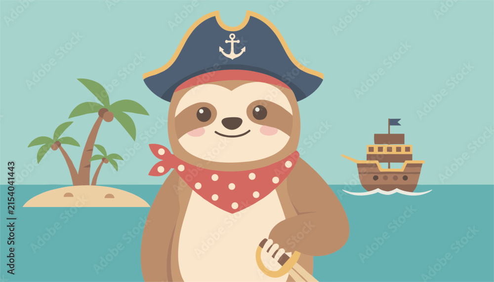 Obraz premium Cute sloth pirate wearing a tricorn hat and red bandana holding a sword with a pirate ship and island behind him.
