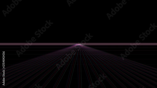 Abstract magenta perspective grid lines converging toward a vanishing point against a black background.