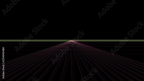 Glowing pink and green laser grid lines converge toward a vanishing point on a black background, creating a retro perspective tunnel effect.