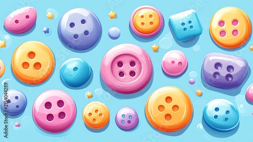 Colorful Cartoon Buttons on Light Blue Background for Kids Crafts and Decoration