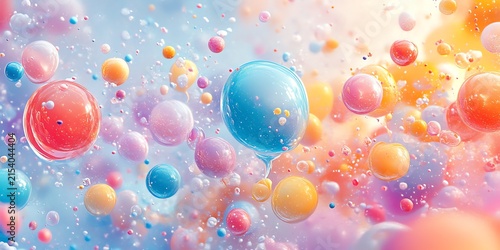 Colorful Bubbles Floating in Bright Blue and Pink Background for Abstract Artistic Design